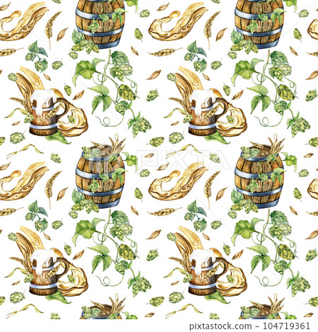 Wooden beer barrel and hop vine, wheat ear watercolor seamless pattern isolated on white. Splash beer, wooden mug, humulus hand drawn. Design element for beer packaging, background, brewing, package 104719361