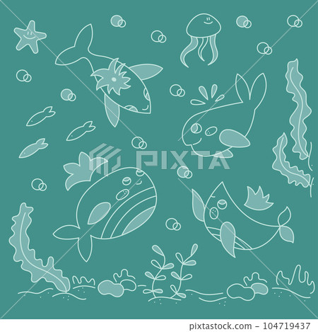 Set with four cute different whales. Doodle color vector illustration. 104719437
