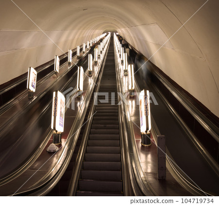 Kyiv, Ukraine. May 2023. Escalator in the metro station "Maidan Nezalezhnosti" 104719734