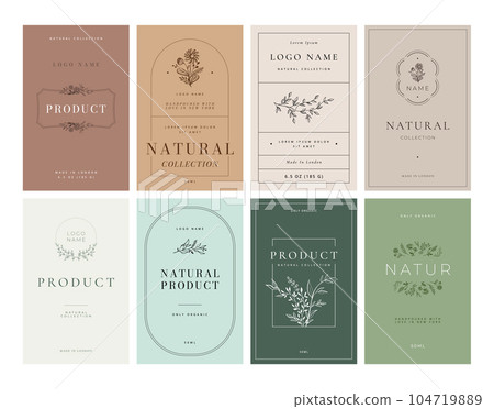 Floral labels. Natural product emblem with botanique ornaments, blooming flowers and elegant branches vector template set Floral labels. Natural product emblem with botanique ornaments, blooming flowers and elegant branches vector template set 104719889