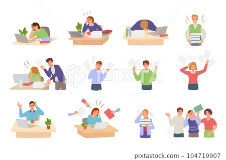 Stress work. Cartoon busy office workers with piles of work, overwhelmed team and ineffective management. Deadline vector illustration set 104719907