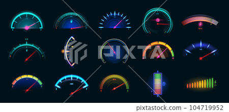Car dashboard meter designs. Colorful speedometer, fuel gauge and battery level indicators vector illustration set Car dashboard meter designs. Colorful speedometer, fuel gauge and battery level indicators vector illustration set 104719952