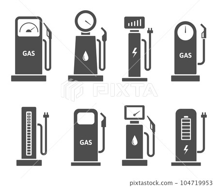 Car refueling station icons. Gas and petrol pump, electric vehicle charger and fuel refilling pictogram symbol vector set Car refueling station icons. Gas and petrol pump, electric vehicle charger and fuel refilling pictogram symbol vector set 104719953