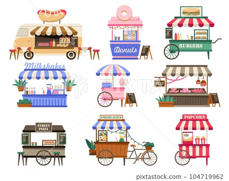 Street vendor booths. Outdoor local market stalls and fast food kiosks. Festival food court cartoon vector illustration set 104719962