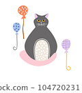 Cute cartoon cat with inflatable balls and flowers 104720231