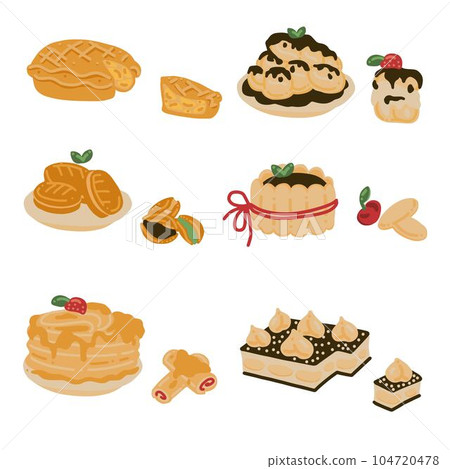 Cake set: tiramisu, apple pie, pancake, dorayaki, profiterole. Vector hand draw cartoon illustration. Cake set: tiramisu, apple pie, pancake, dorayaki, profiterole. Vector hand draw cartoon illustration. 104720478