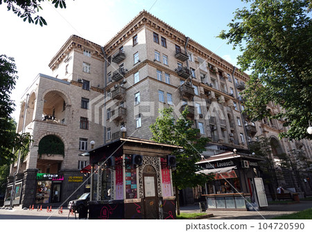 Kiev, Ukraine June 10, 2021: Facade of an old building on Khreshchatyk street in the city of Kiev Kiev, Ukraine June 10, 2021: Facade of an old building on Khreshchatyk street in the city of Kiev 104720590