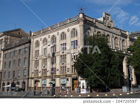 Kiev, Ukraine June 10, 2021: Facade of an old building on Khreshchatyk street in the city of Kiev Kiev, Ukraine June 10, 2021: Facade of an old building on Khreshchatyk street in the city of Kiev 104720597