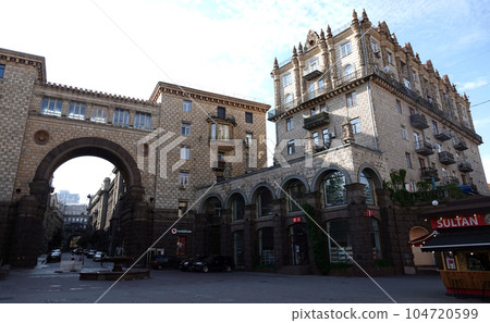 Kiev, Ukraine June 10, 2021: Facade of an old building on Khreshchatyk street in the city of Kiev Kiev, Ukraine June 10, 2021: Facade of an old building on Khreshchatyk street in the city of Kiev 104720599