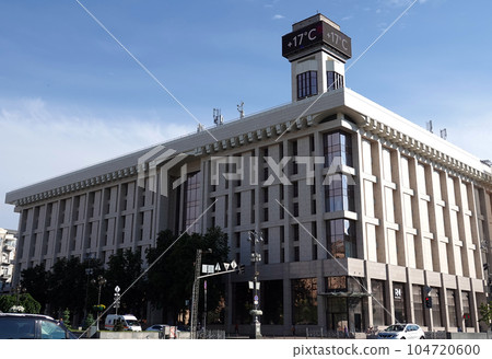 Kiev, Ukraine June 10, 2021: Facade of an old building on Khreshchatyk street in the city of Kiev Kiev, Ukraine June 10, 2021: Facade of an old building on Khreshchatyk street in the city of Kiev 104720600