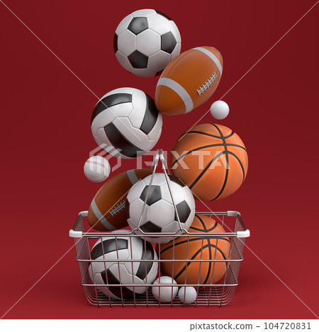Set of ball like basketball, football and golf in shopping basket on red Set of ball like basketball, football and golf in shopping basket on red 104720831