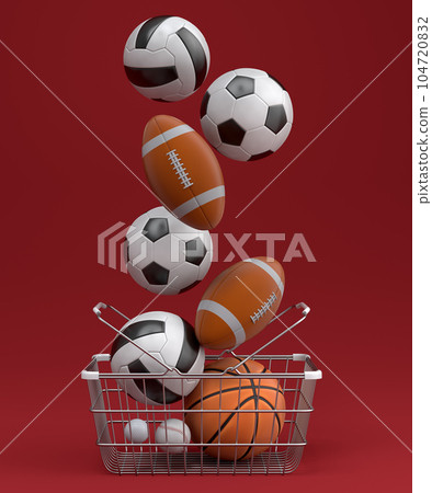 Set of ball like basketball, football and golf in shopping basket on red 104720832