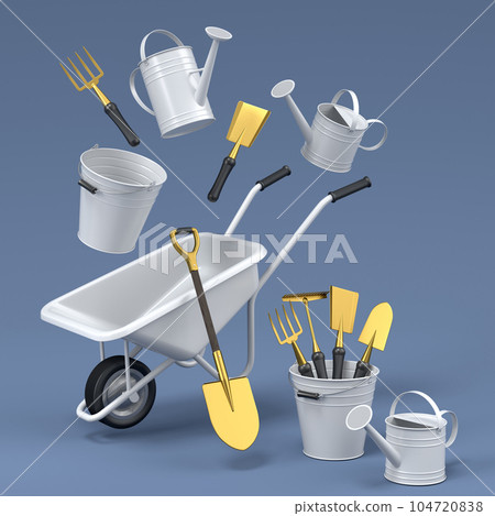 Garden wheelbarrow with garden tools like shovel, rake and fork on grey Garden wheelbarrow with garden tools like shovel, rake and fork on grey 104720838