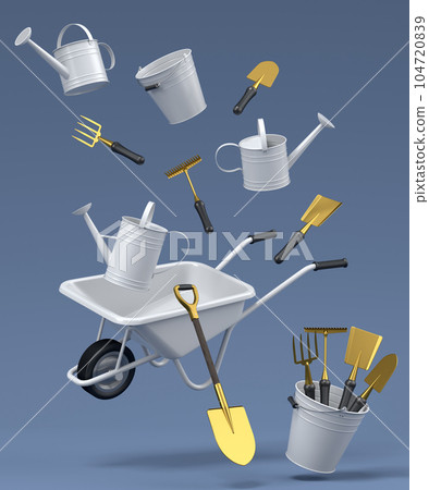Garden wheelbarrow with garden tools like shovel, rake and fork on grey Garden wheelbarrow with garden tools like shovel, rake and fork on grey 104720839