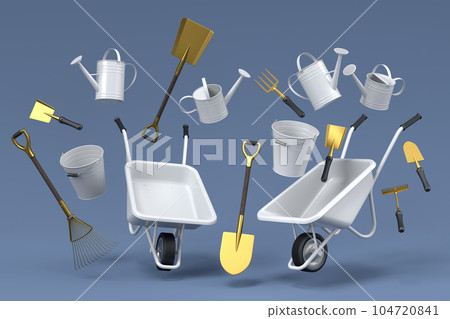 Garden wheelbarrow with garden tools like shovel, rake and fork on grey 104720841