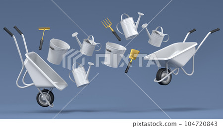 Garden wheelbarrow with garden tools like shovel, rake and fork on grey Garden wheelbarrow with garden tools like shovel, rake and fork on grey 104720843