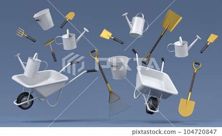 Garden wheelbarrow with garden tools like shovel, rake and fork on grey 104720847