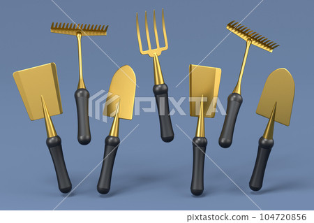 Garden shovel, pitchfork and rake on grey background, summer camping concept Garden shovel, pitchfork and rake on grey background, summer camping concept 104720856
