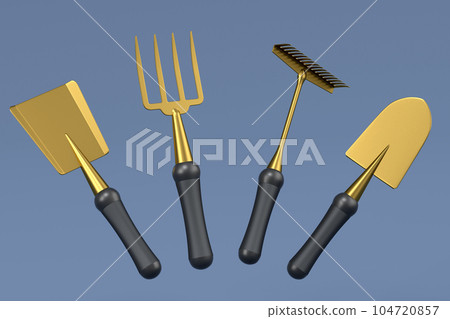 Garden shovel, pitchfork and rake on grey background, summer camping concept 104720857