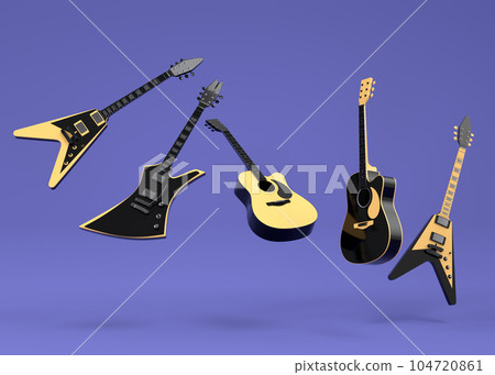 Set of electric acoustic guitars isolated on purple background. Set of electric acoustic guitars isolated on purple background. 104720861