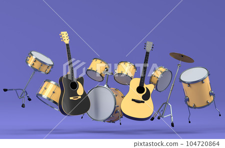 Set of electric acoustic guitars and drums with cymbals on purple background 104720864