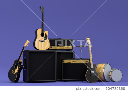 Set of electric acoustic guitars, amplifiers and drums with cymbal on purple Set of electric acoustic guitars, amplifiers and drums with cymbal on purple 104720868
