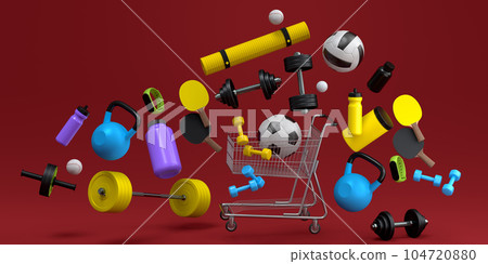 Sport equipment for fitness, gym in shopping cart on red background Sport equipment for fitness, gym in shopping cart on red background 104720880
