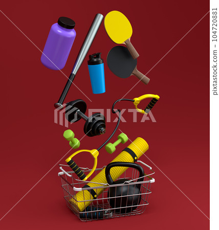 Sport equipment for fitness, gym in shopping basket on red Sport equipment for fitness, gym in shopping basket on red 104720881
