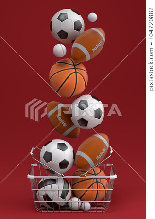 Set of ball like basketball, football and golf in shopping basket on red Set of ball like basketball, football and golf in shopping basket on red 104720882