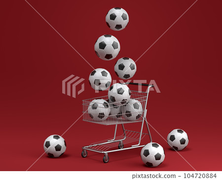 Set of ball like basketball, football and golf in shopping cart on red Set of ball like basketball, football and golf in shopping cart on red 104720884