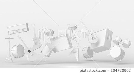 Set of electric acoustic guitars and drums with cymbals on coral background 104720902