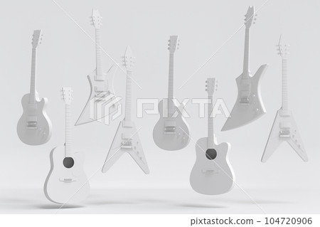 Set of electric acoustic guitars isolated on monochrome background. 104720906