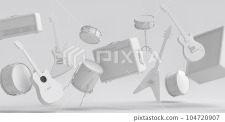 Set of electric acoustic guitars, amplifiers and drums with cymbal on monochrome 104720907