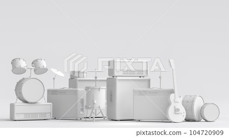 Set of electric acoustic guitars, amplifiers and drums with cymbal on monochrome Set of electric acoustic guitars, amplifiers and drums with cymbal on monochrome 104720909