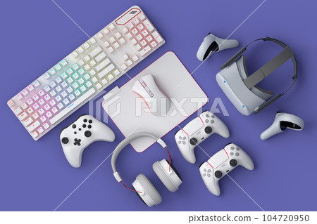 Top view gamer gears like joystick, keyboard, headphones and VR glasses 104720950