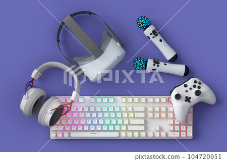 Top view gamer gears like joystick, keyboard, headphones and VR glasses 104720951
