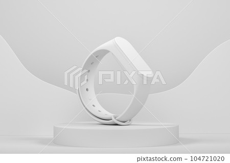 Fitness tracker or smart watch on cylinder podium with steps on monochrome Fitness tracker or smart watch on cylinder podium with steps on monochrome 104721020