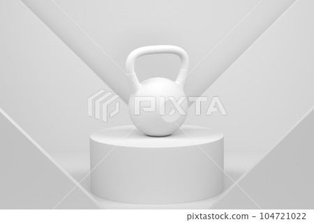 Kettlebell with metal disks on cylinder podium with steps on monochrome Kettlebell with metal disks on cylinder podium with steps on monochrome 104721022