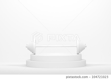 Barbell with metal disks on cylinder podium with steps on monochrome background Barbell with metal disks on cylinder podium with steps on monochrome background 104721023