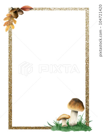 Vertical edible brown mushrooms rectangular frame watercolor illustration isolated on white background. Banner template with copy space for A6 notebook or copybook sheets design 104721420