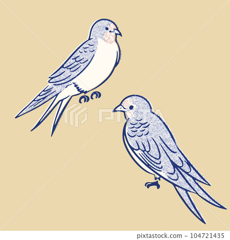 Hand drawn line drawing illustration of a swallow perched on a retro tree 104721435