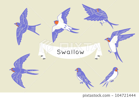 Retro print style hand drawn swallow line drawing illustration set 104721444