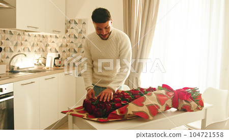 Boy Find Red Rose Flower In The Kitchen of the house 104721558