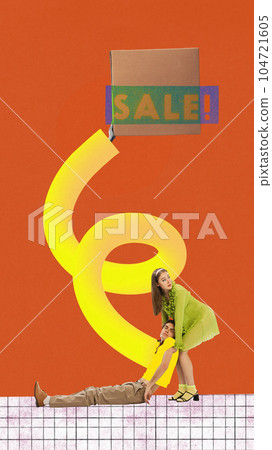 Contemporary art collage. Young woman pulling fainted man after gian shopping. Big sale season 104721605
