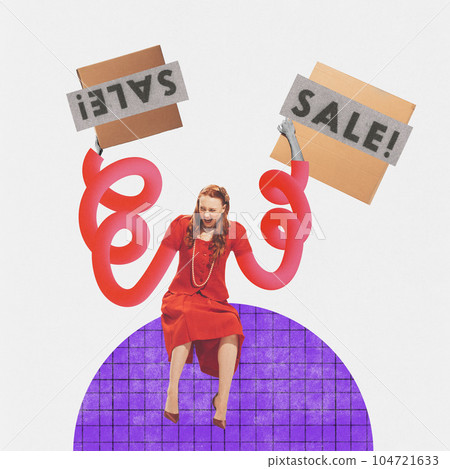 Contemporary art collage. Young pretty woman in beautiful dress feeling happy about coming sales season. Shopaholic 104721633