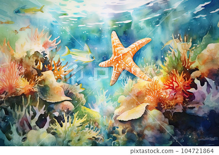 Watercolor painting of sea life. Color corals, starfish, fishes with sun rays in blue seawater. Generated AI. 104721864
