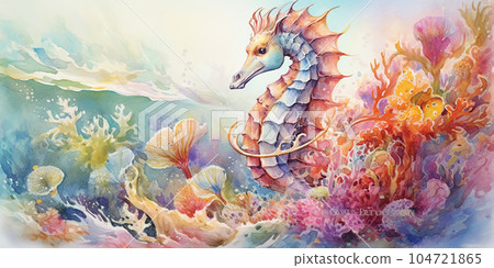 Watercolor painting of seahorse in sea depth among multicolored corals. Banner. Copy space. Generated AI. 104721865