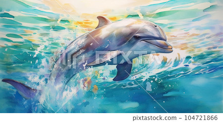 Watercolor drawing. One dolphin swimming in turquoise sea water. Close up. Generated AI. 104721866