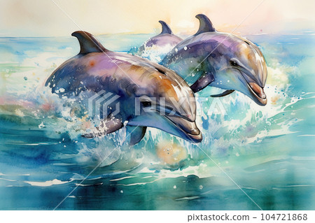 Watercolor painting of dolphins group jumping in turquoise sea water. Generated AI. 104721868