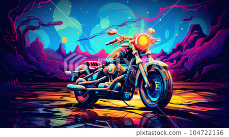 手绘蒸汽波风格摩托车插画 104722156